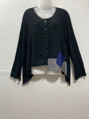 Noblu Boxy Lagenlook Pullover Top Black Shark Bite Hem Button Up Mix Media M